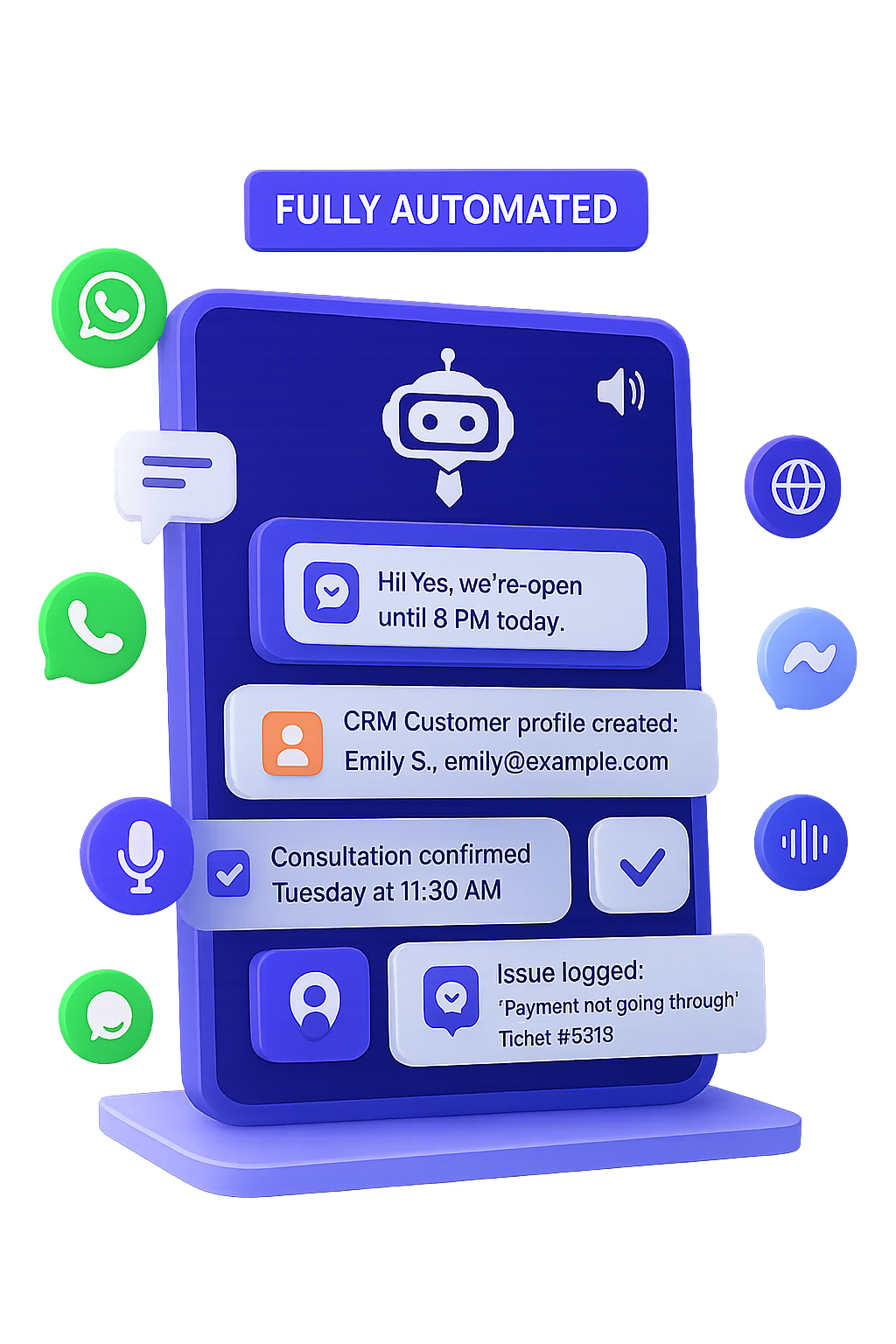 3D illustration of Saski AI assistant interface automating customer support tasks including chat replies, CRM updates, appointment confirmations, and ticket creation across WhatsApp, Messenger, SMS, and voice channels.