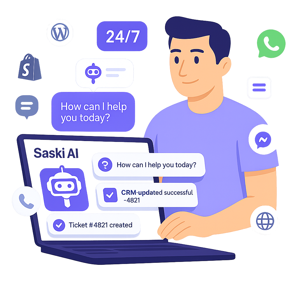 Illustration of a business owner using Saski AI's assistant on a laptop, automating support tasks like chat replies, CRM updates, and ticket creation. Surrounded by platform icons including WhatsApp, Shopify, WordPress, and Messenger with visible 24/7 automatio